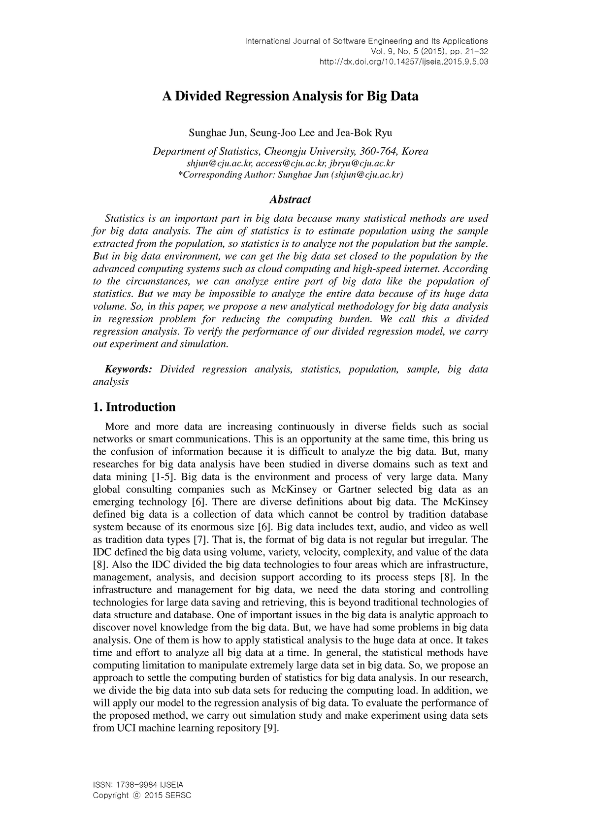 A divided regression analysis for big data - Vol. 9, No. 5 (2015), pp ...