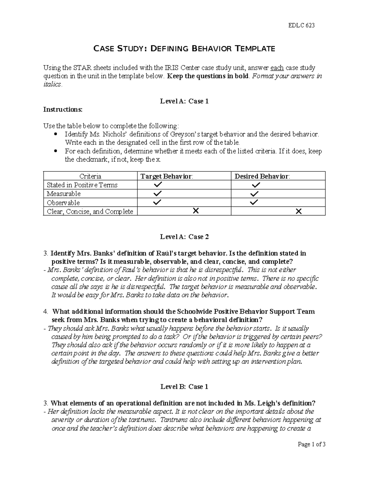 case study defining behavior template