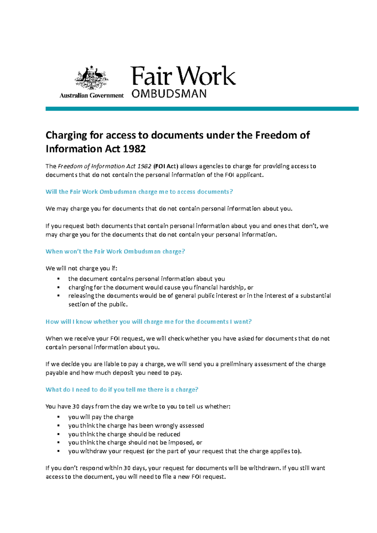 Foi charges fact sheet - foi guides - Charging for access to documents ...
