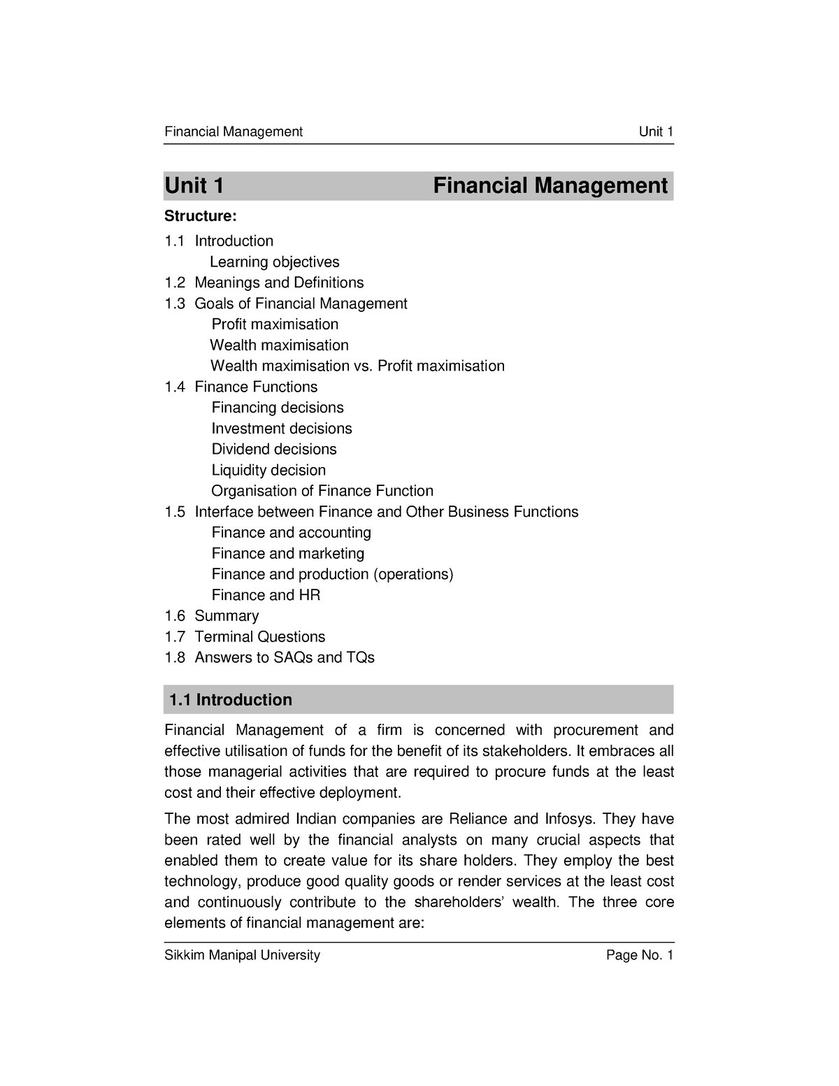 FM Intro - Notes - Unit 1 Financial Management Structure: 1 ...