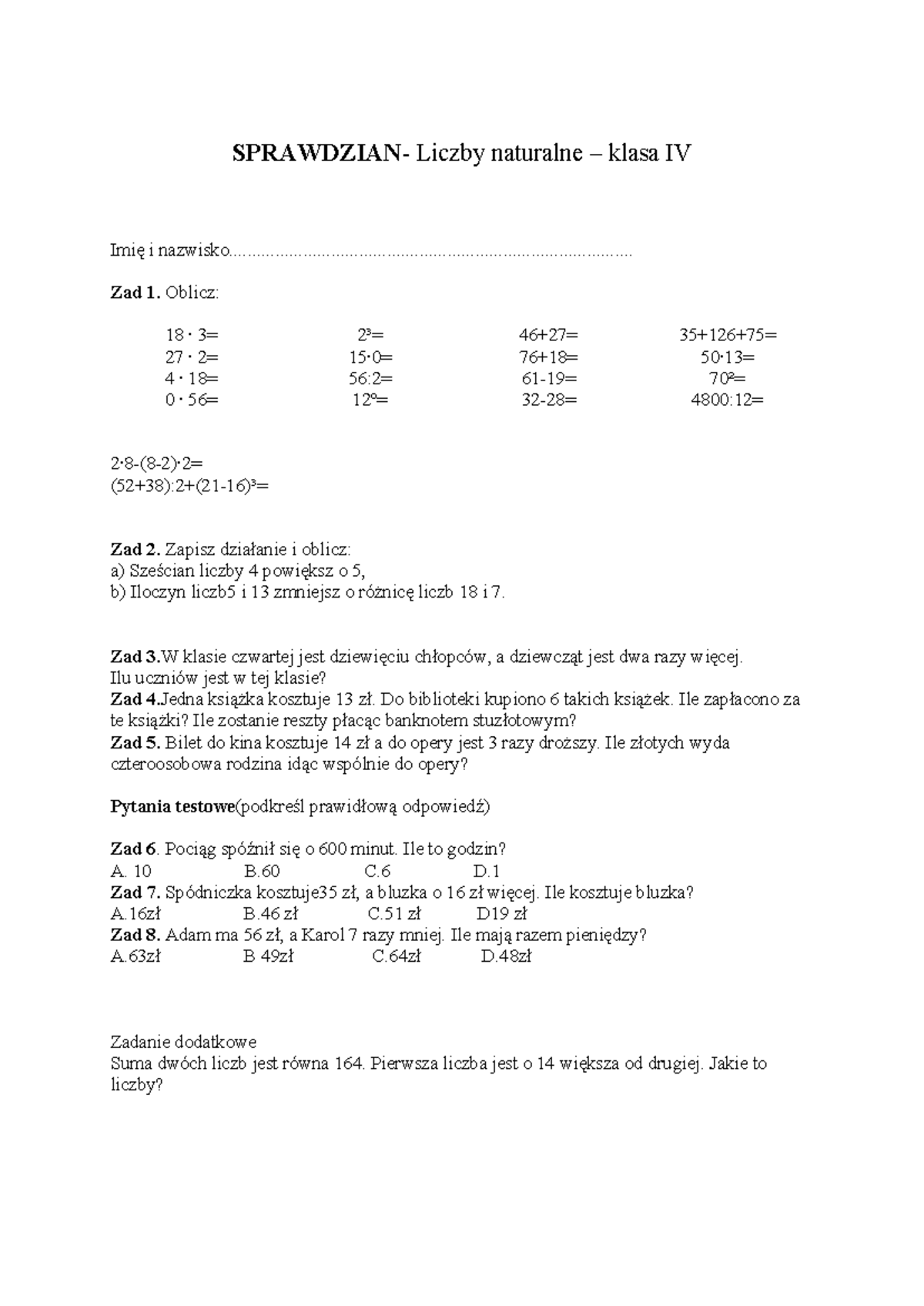 Sprawdzian Dla Kl 1 Szkoły Podstawowej Koncowy www.studocu.com