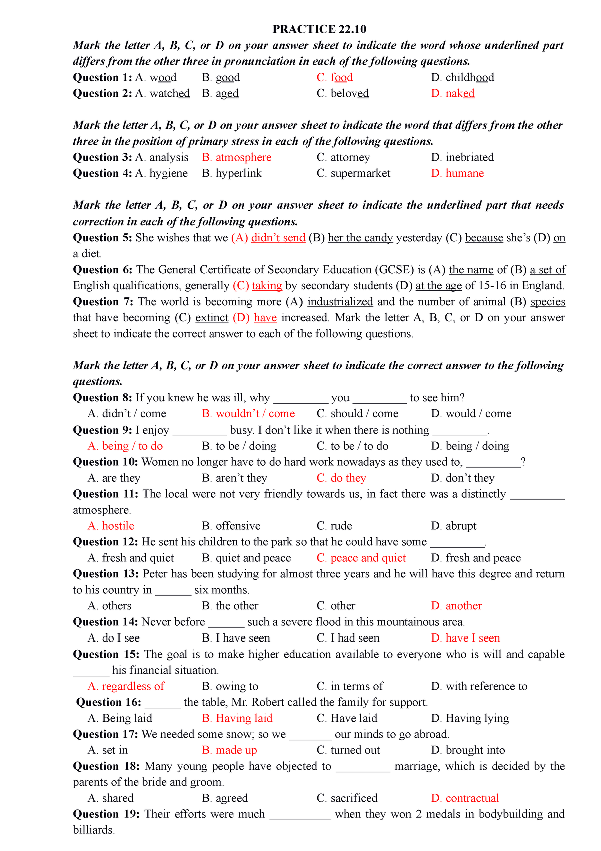 22 - Sdssvfdc - PRACTICE 22. Mark The Letter A, B, C, Or D On Your ...