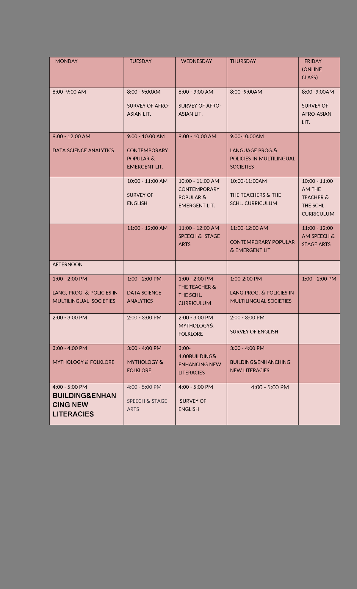 Sched - N/A - MONDAY TUESDAY WEDNESDAY THURSDAY FRIDAY (ONLINE CLASS) 8 ...