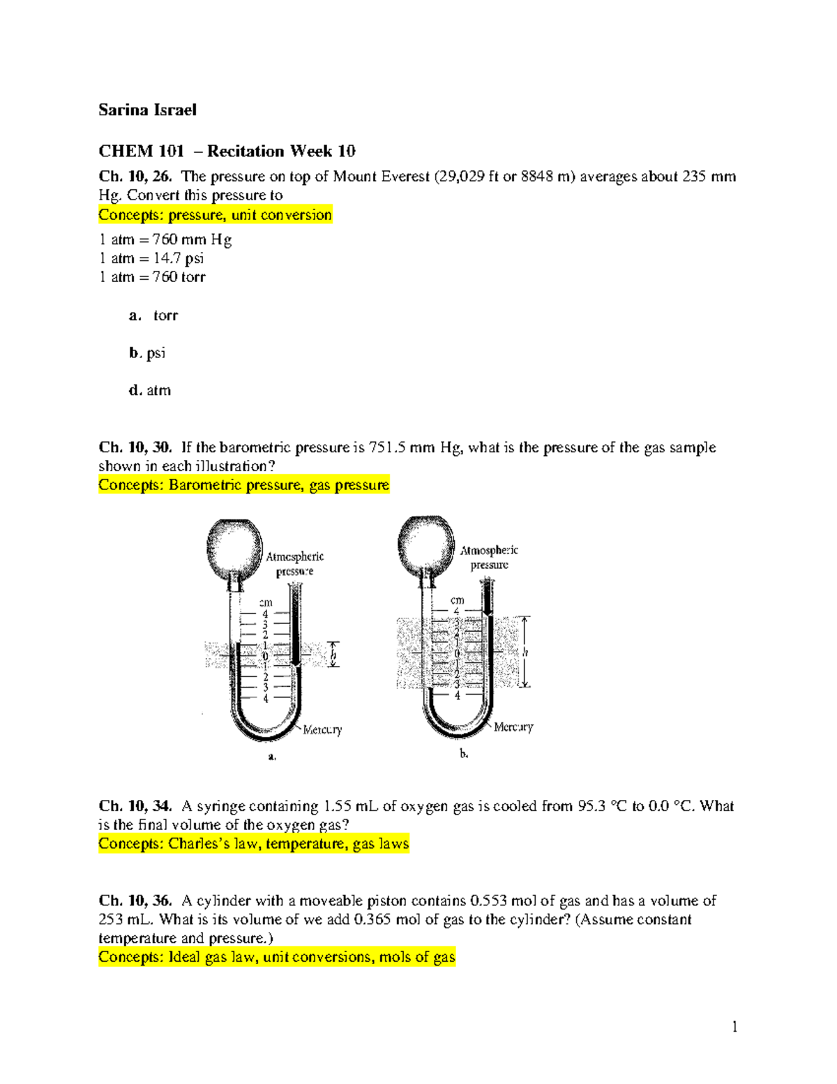 CHEM 101 Recitation Week 10 - 1 Sarina Israel CHEM 1 01 – Recitation ...