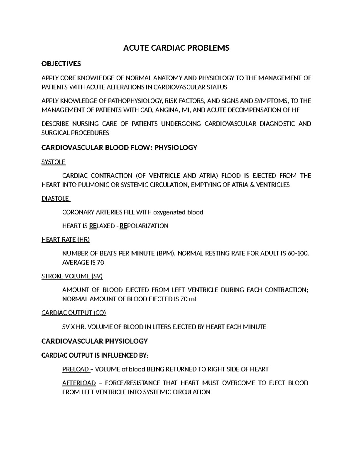 Acute Cardiac - practice - ACUTE CARDIAC PROBLEMS OBJECTIVES APPLY CORE ...