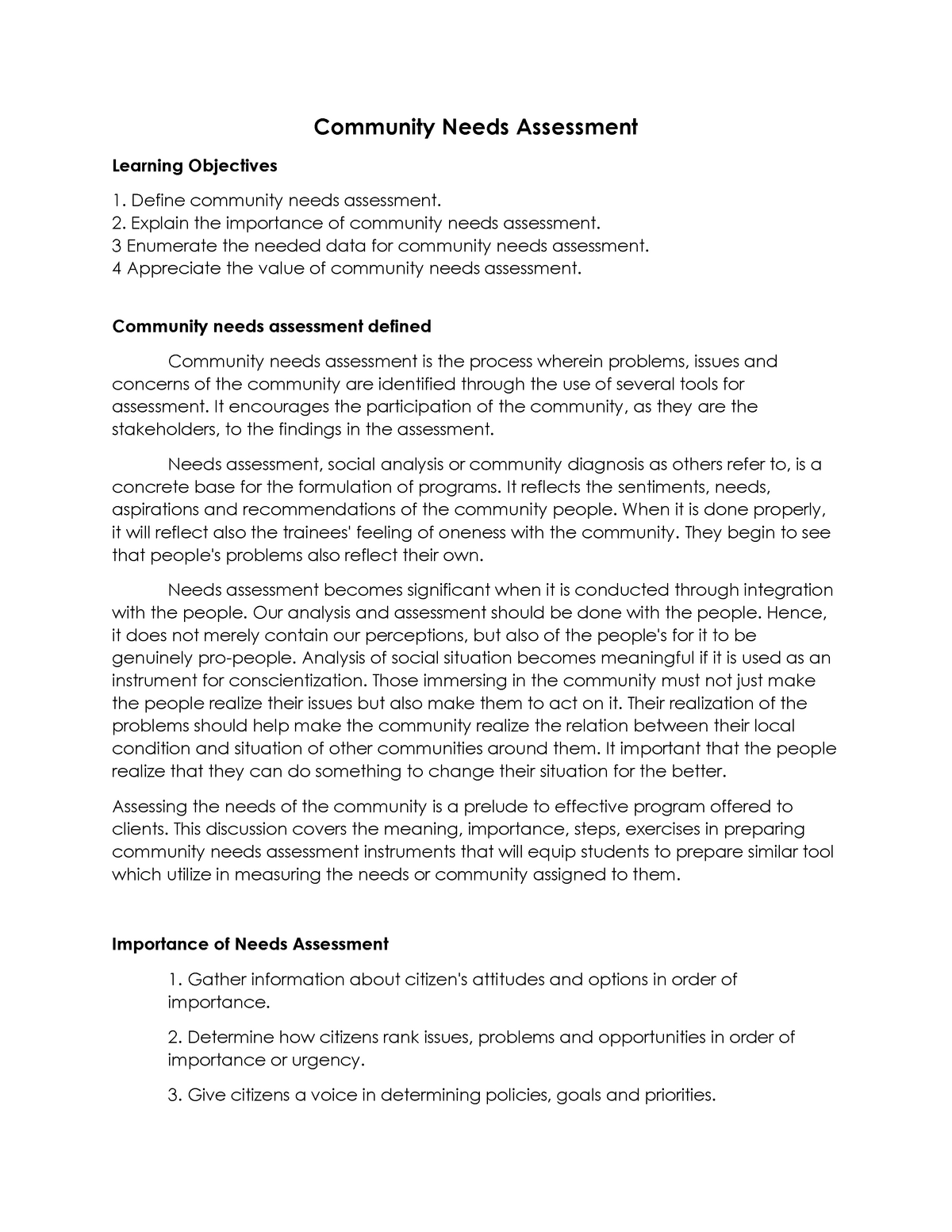 what is community needs assessment essay