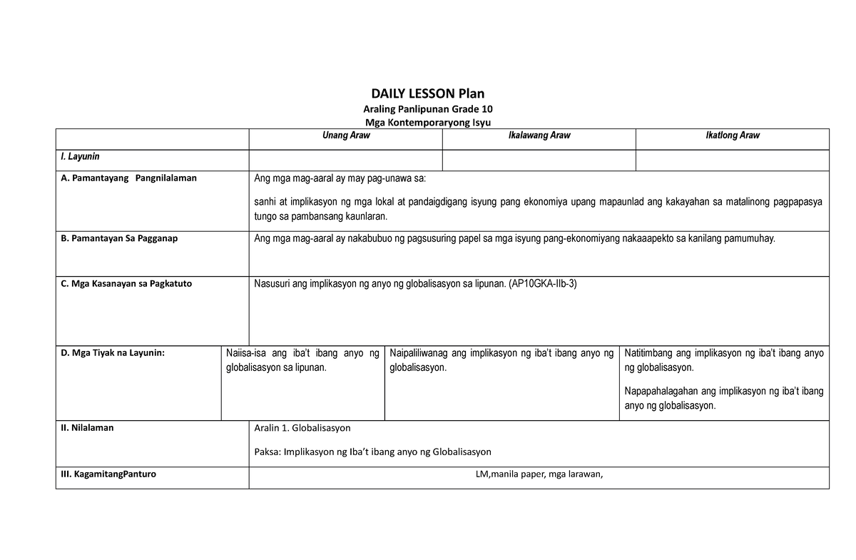 Dlp Q2 Globalisasyon No 3 Daily Lesson Plan Araling Panlipunan Grade 10 Mga Kontemporaryong 2894