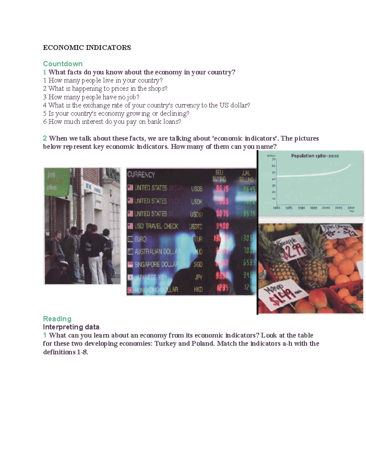 Economic Indicators Econ ECONOMIC INDICATORS Countdown 1 What facts