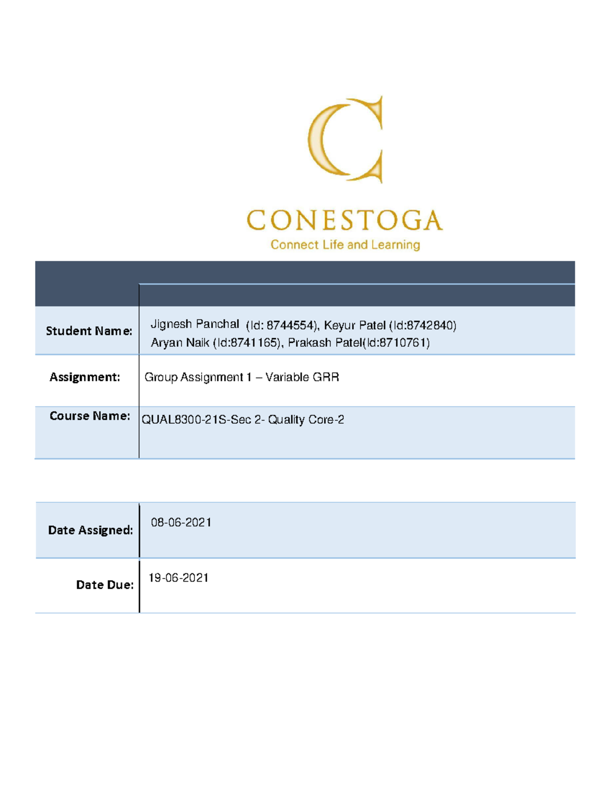 A 1 QUAL830021 s Group 1 - fdfd - Date Assigned: Date Due: Student Name ...