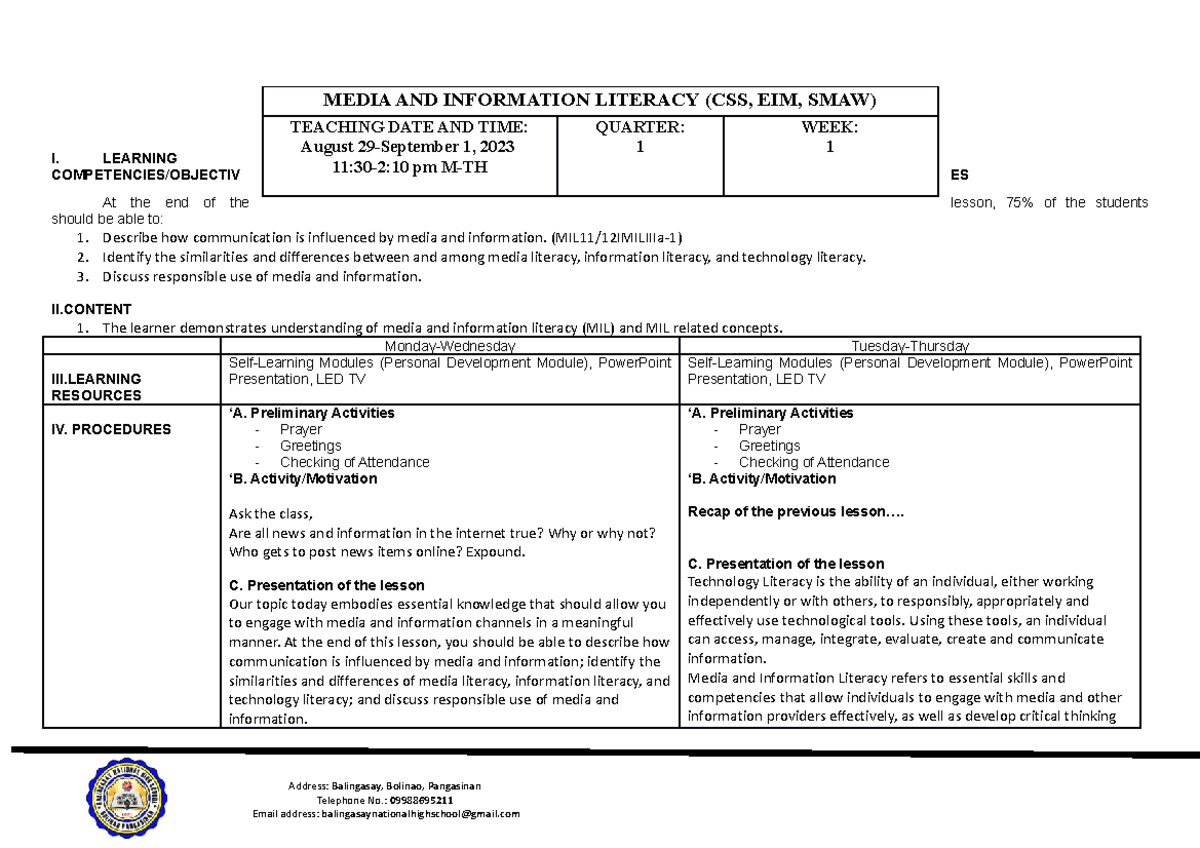 Media Information Literacy - I. LEARNING COMPETENCIES/OBJECTIV ES At ...