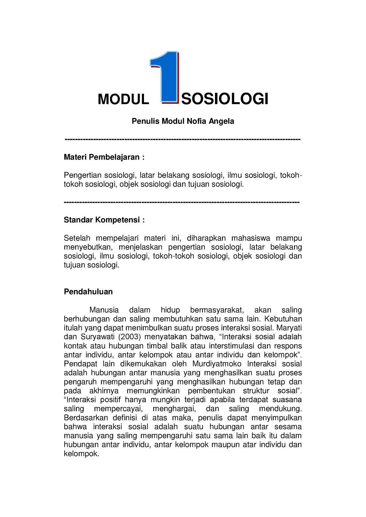 Modul 1 Sosiologi FIX - Materi - MODUL SOSIOLOGI Penulis Modul Nofia ...