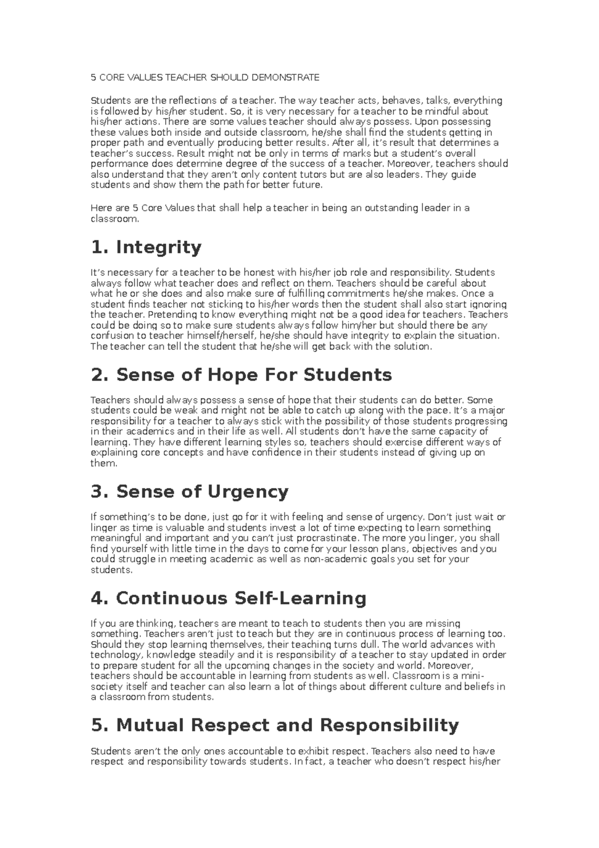 Reference on the teaching profession - 5 CORE VALUES TEACHER SHOULD ...