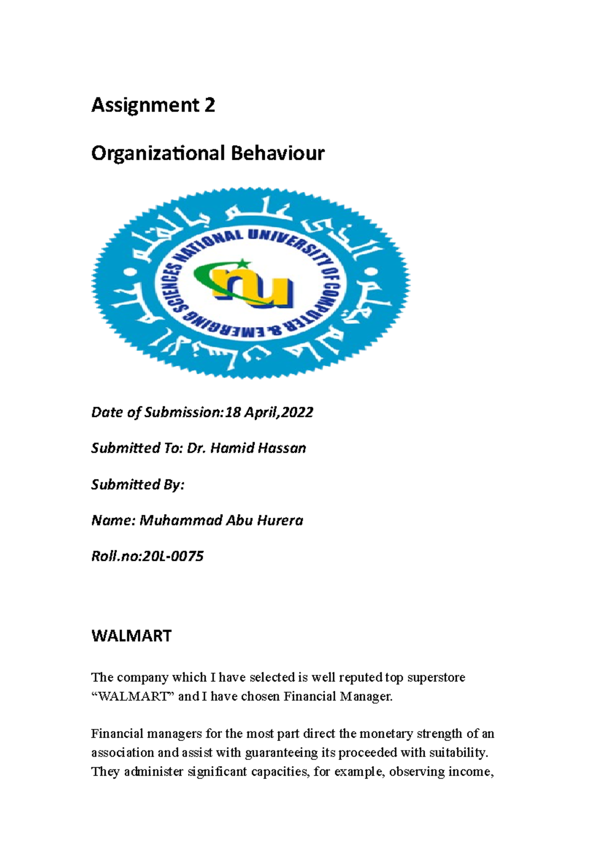 Assignment 2 OB Muhammad ABU Hurera 20L0075 - Assignment 2 ...