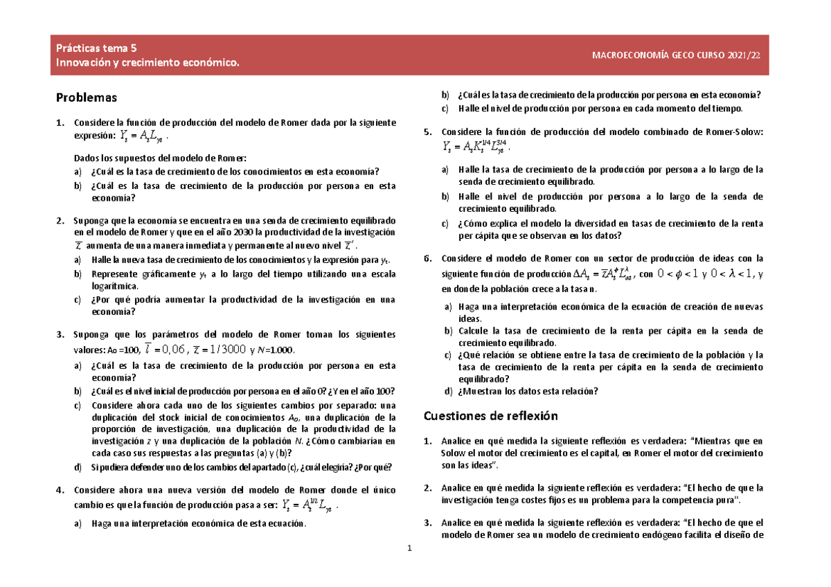 Prácticas, cuestiones y ejercicios Tema 5 - Innovación y crecimiento  económico. MACROECONOMÍA GECO - Studocu