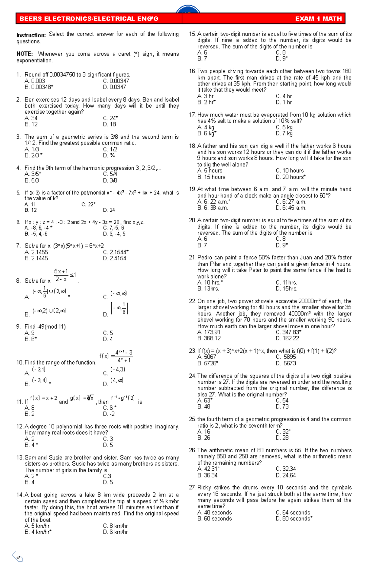 Exam 1 - practice probl;ems - BEERS: 0932 3288053 / 0945 5663113 2 ...