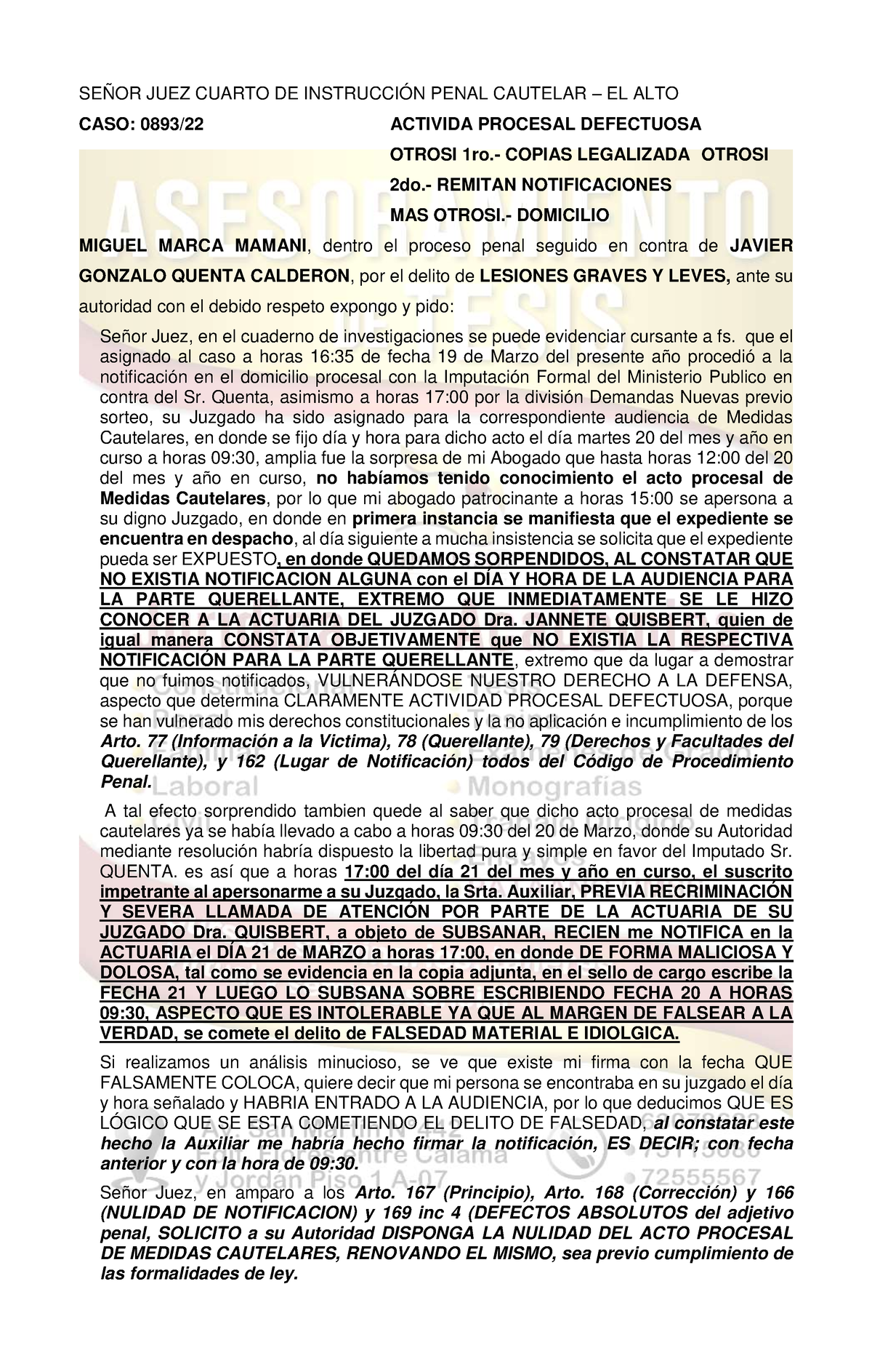 Actividad Procesal Defectuosa - SEÑOR JUEZ CUARTO DE INSTRUCCIÓN PENAL ...