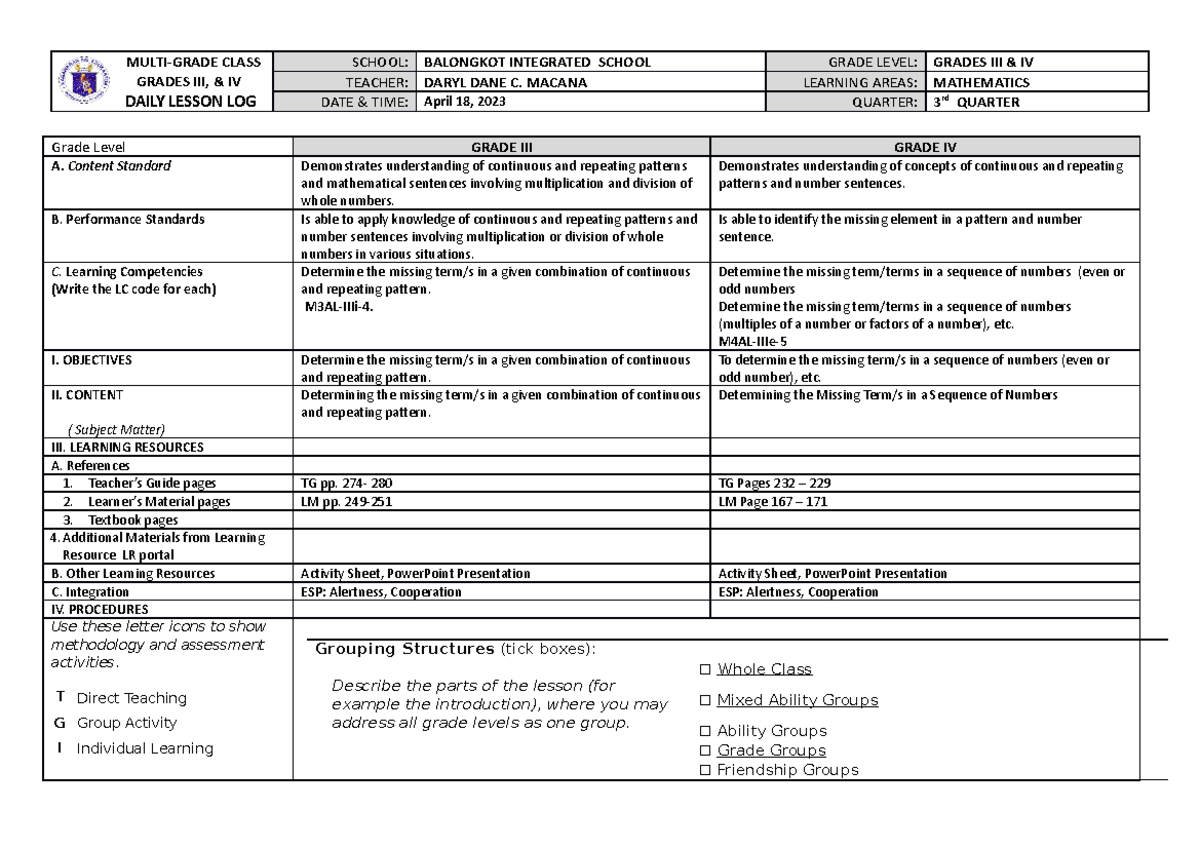 Multigrade-math - MULTI-GRADE CLASS GRADES III, & IV DAILY LESSON LOG ...