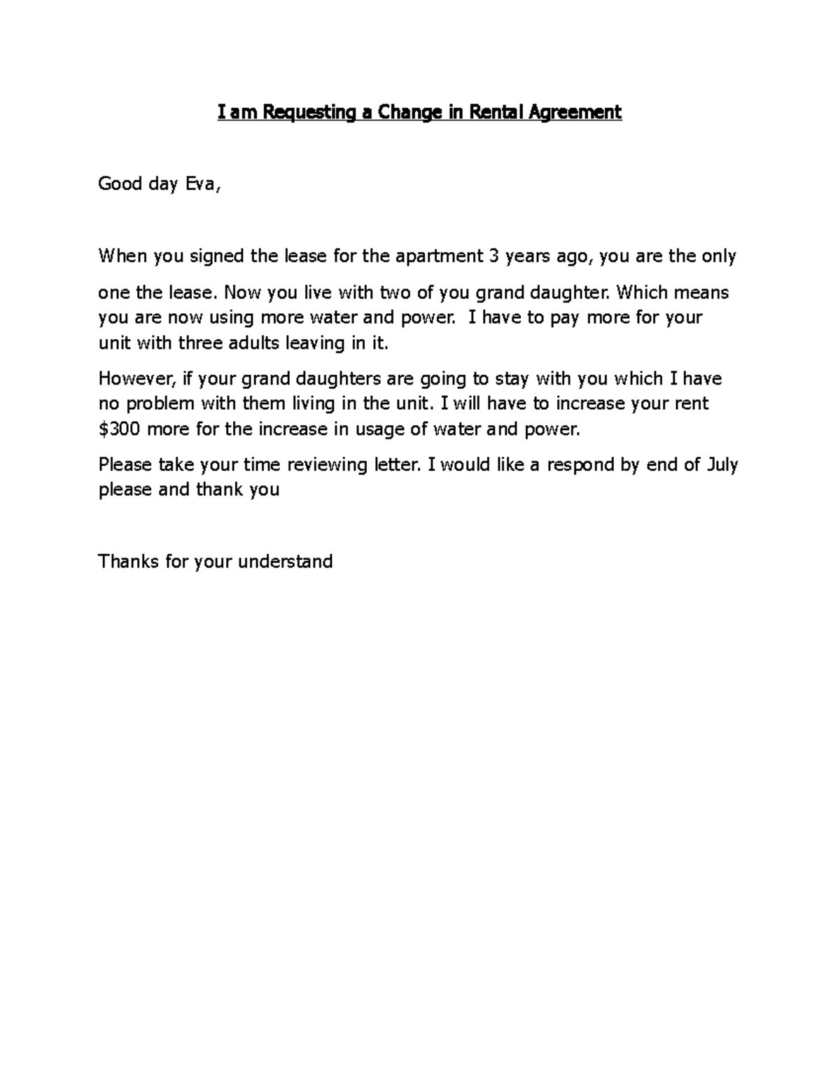 I am Requesting a Change in Rental Agreement - Now you live with two of ...