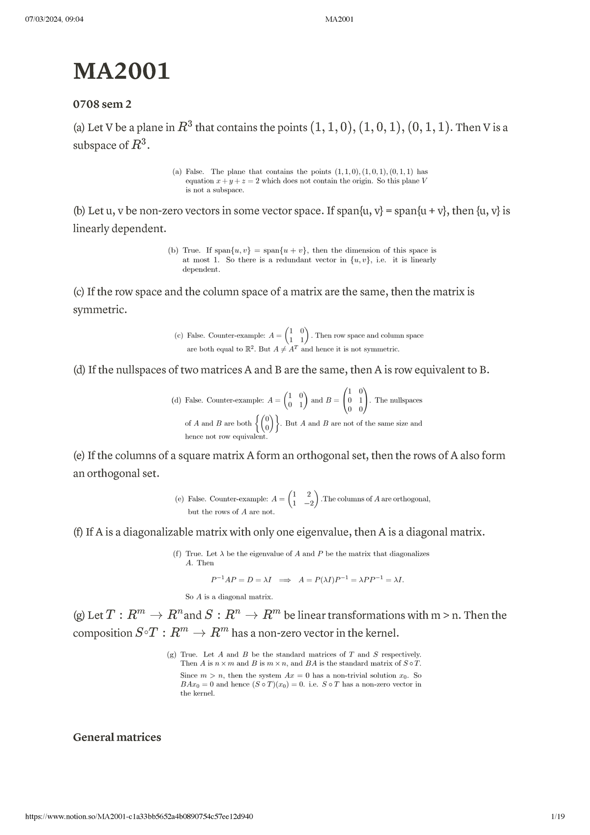 MA2001-additional Notes - MA 0708 Sem 2 (a) Let V Be A Plane In That ...