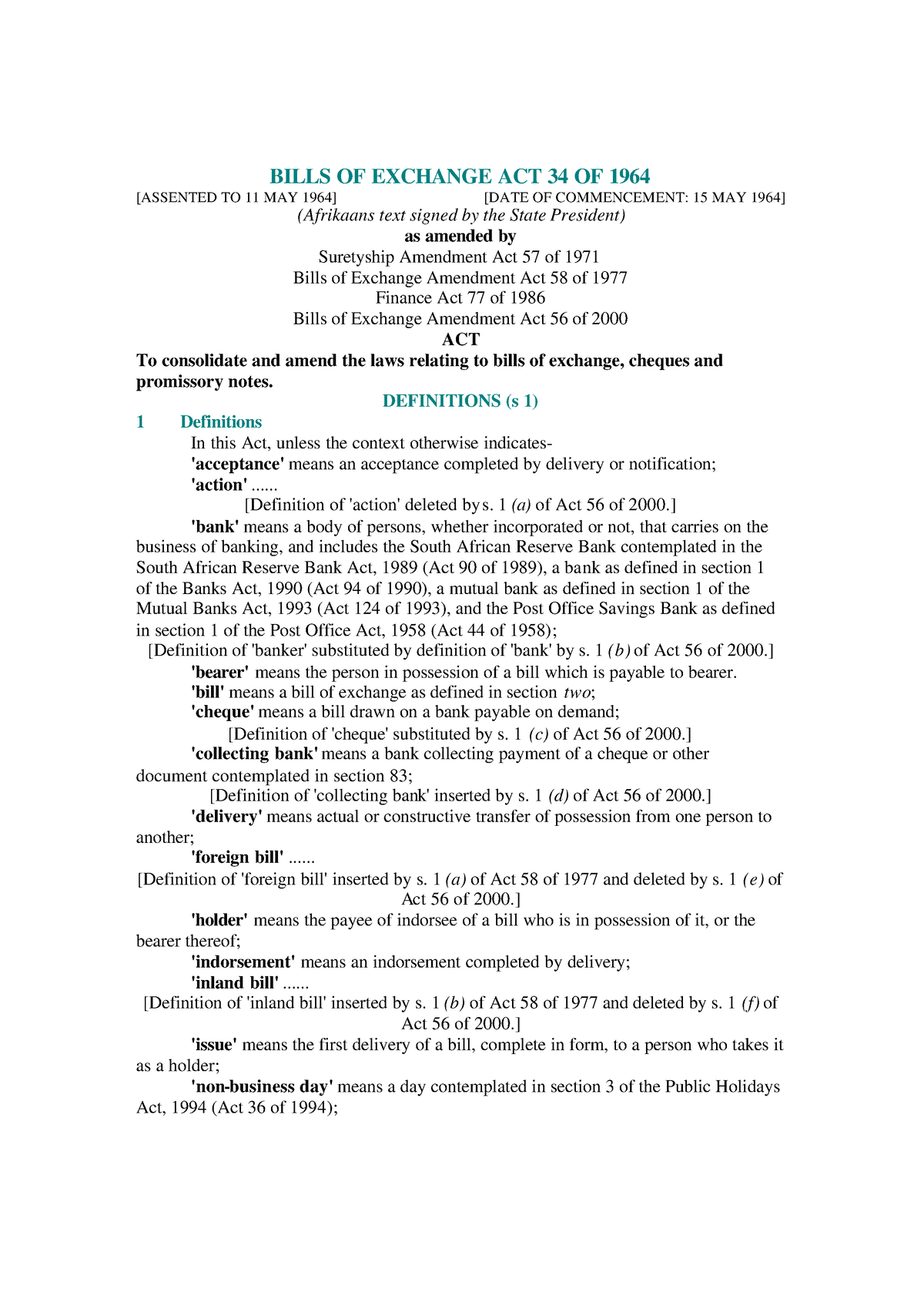 Bill Of Exchange Act 2 BILLS OF EXCHANGE ACT 34 OF 1964 ASSENTED TO   Thumb 1200 1695 