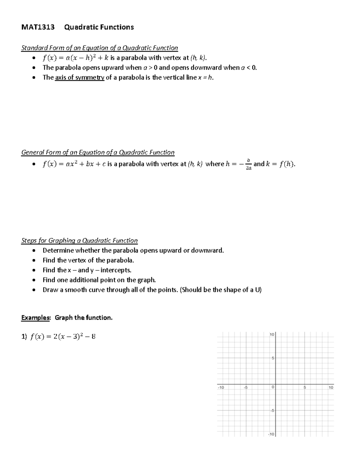 Quadratic Functions - MAT1313 Quadratic Functions Standard Form of an ...