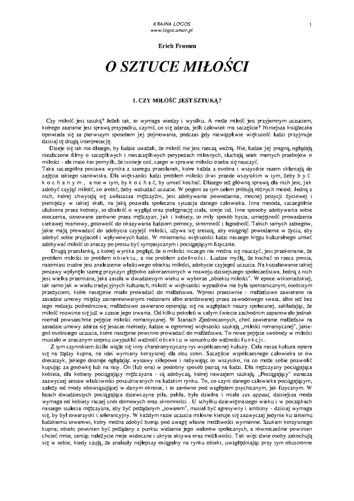 O Sztuce Milosci - E. Fromm - logos.amor 1 Erich Fromm O SZTUCE MIŁO CI