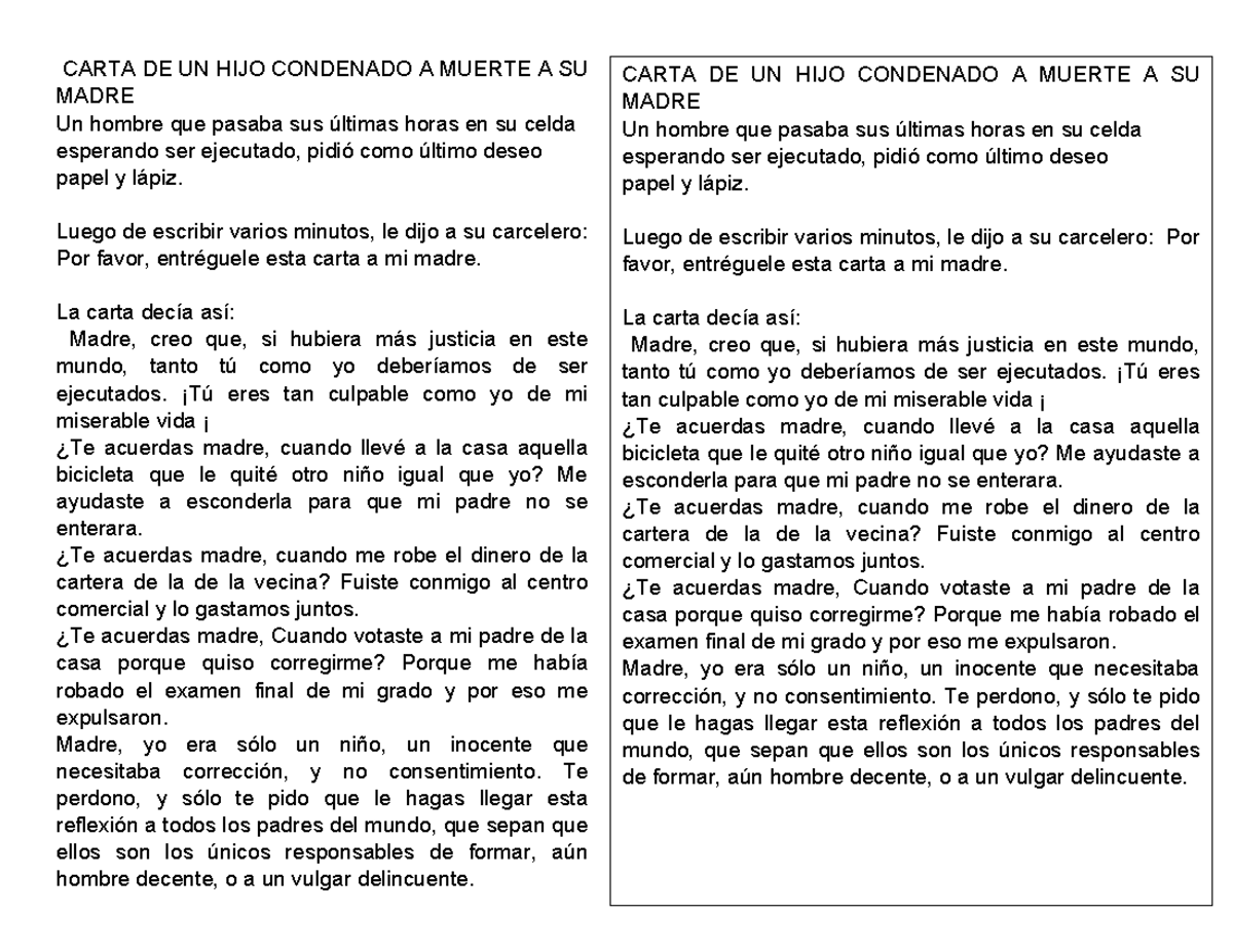 Carta DE UN HIJO Condenado A Muerte A SU Madre - CARTA DE UN HIJO