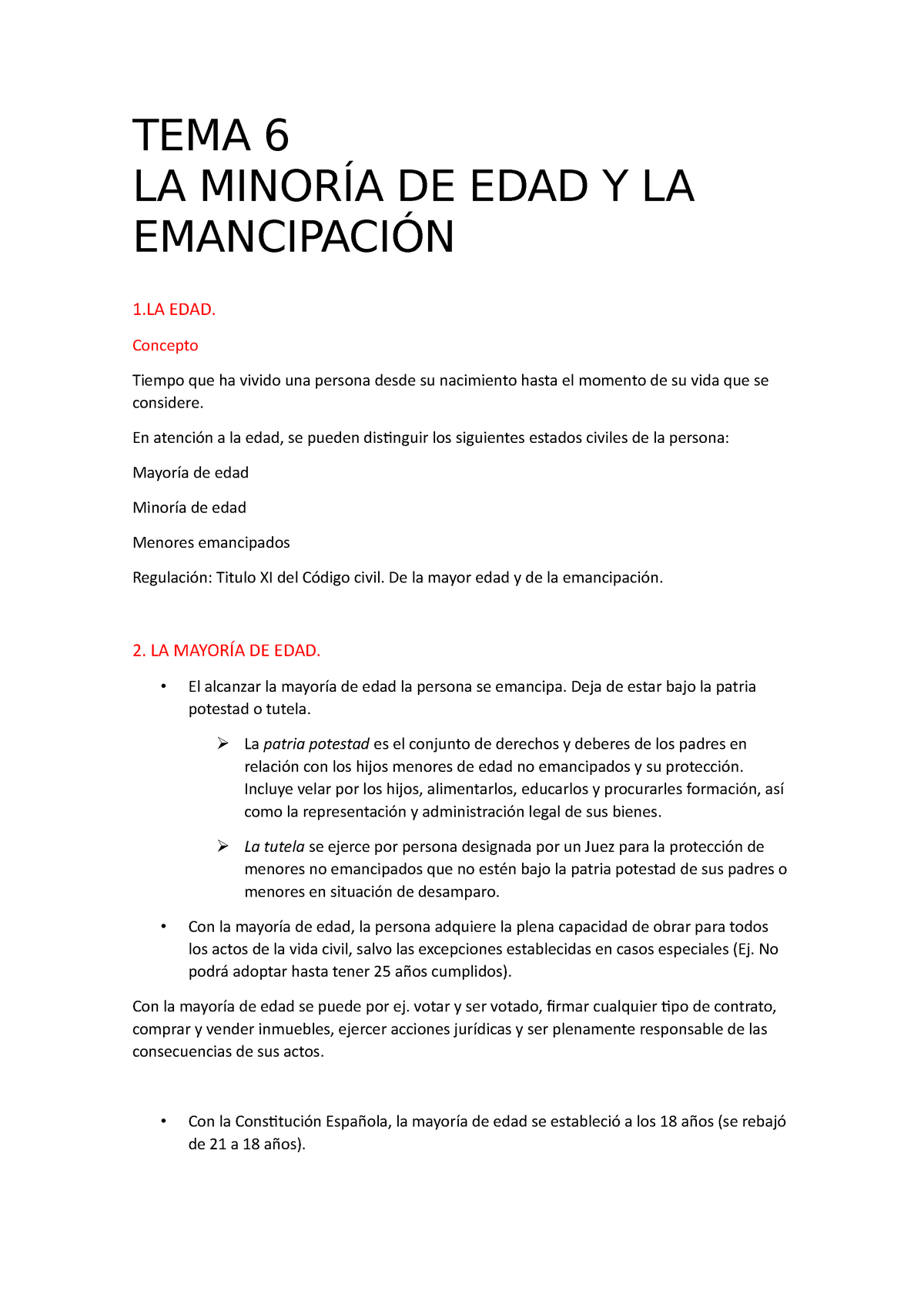 Tema 6 Apuntes Derecho Tema 6 La MinorÍa De Edad Y La EmancipaciÓn 1 Edad Concepto Tiempo 