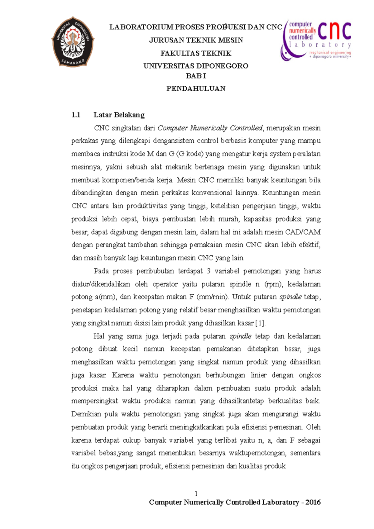 Bab 1 Laporan Praktikum Cnc Teknik Mesin Laboratorium Proses Produksi Dan Cnc Studocu