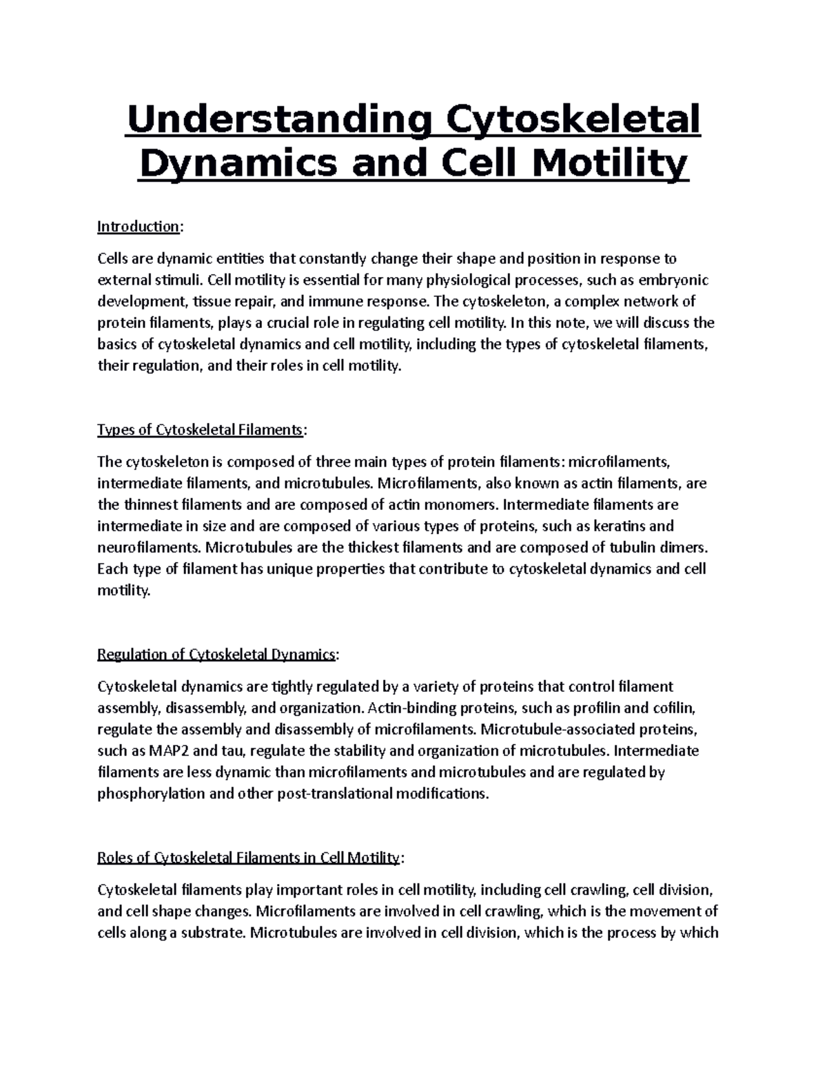 Understanding Cytoskeletal Dynamics And Cell Motility Understanding