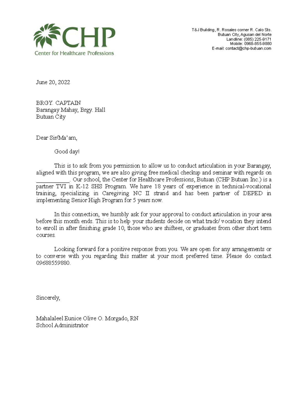 Conduct Articulation letter to BRGY Butuan City, Agusan del Norte