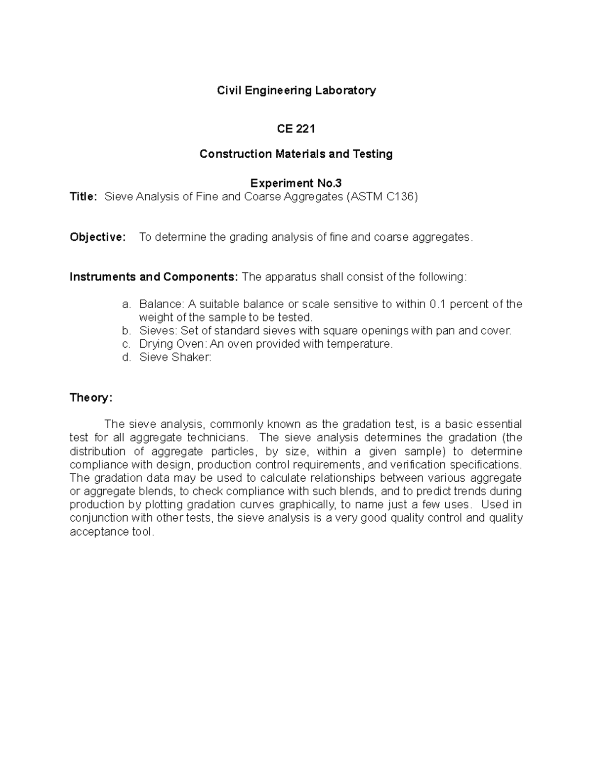Albeos Sieve Analysis Exp 3 - Civil Engineering Laboratory CE 221 ...