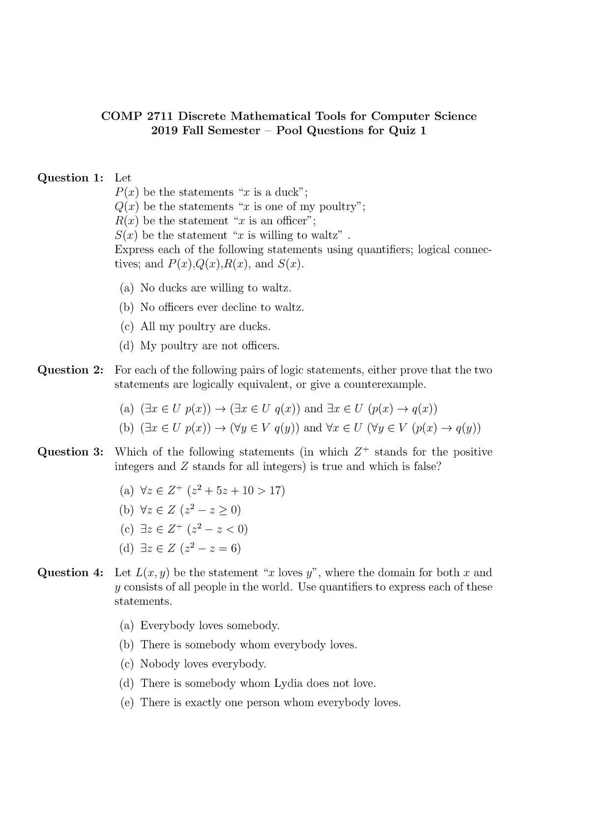 2 Quiz Question Pool Practise Quiz Questions Comp 2711 Discrete Mathematical Tools For Computer Science 19 Fall Semester Pool Questions For Quiz Question Studocu