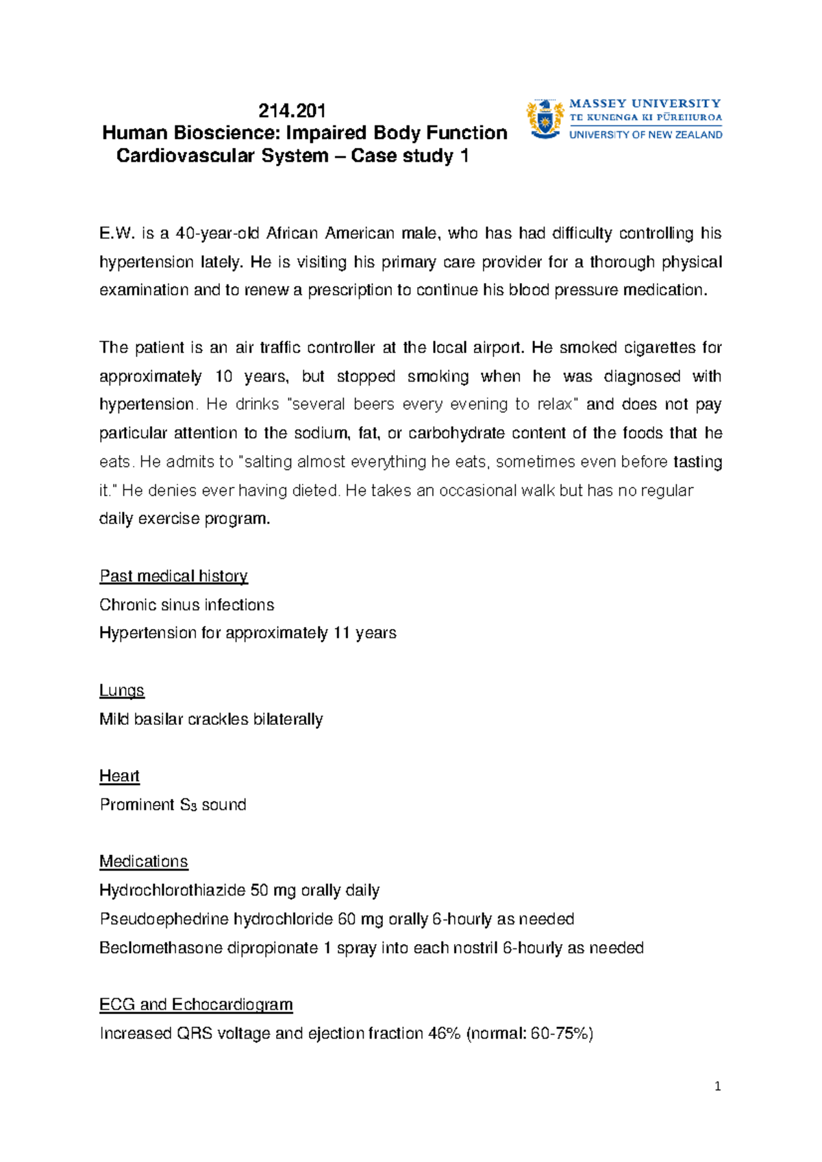 ANSWERS Case Study 1 Cardiovascular - 1 214. Human Bioscience: Impaired ...