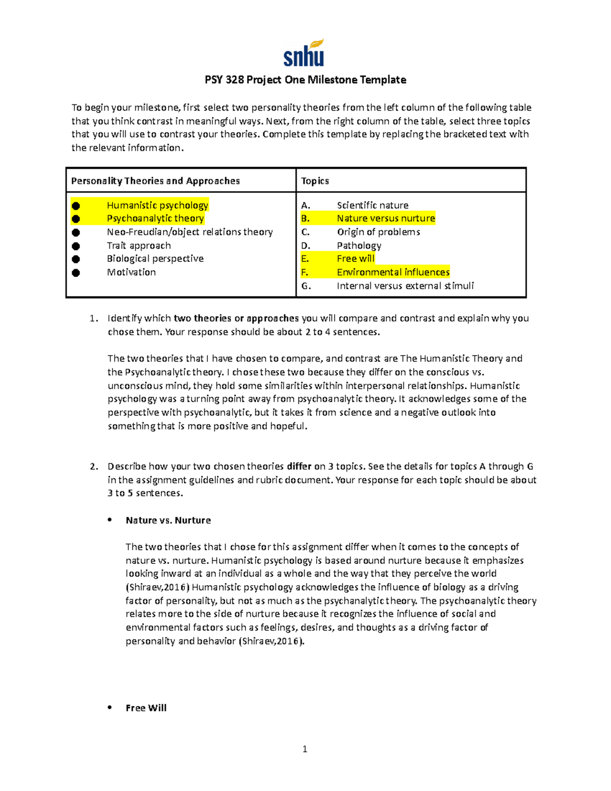 PSY 328 Project One Milestone Template - Next, From The Right Column Of ...