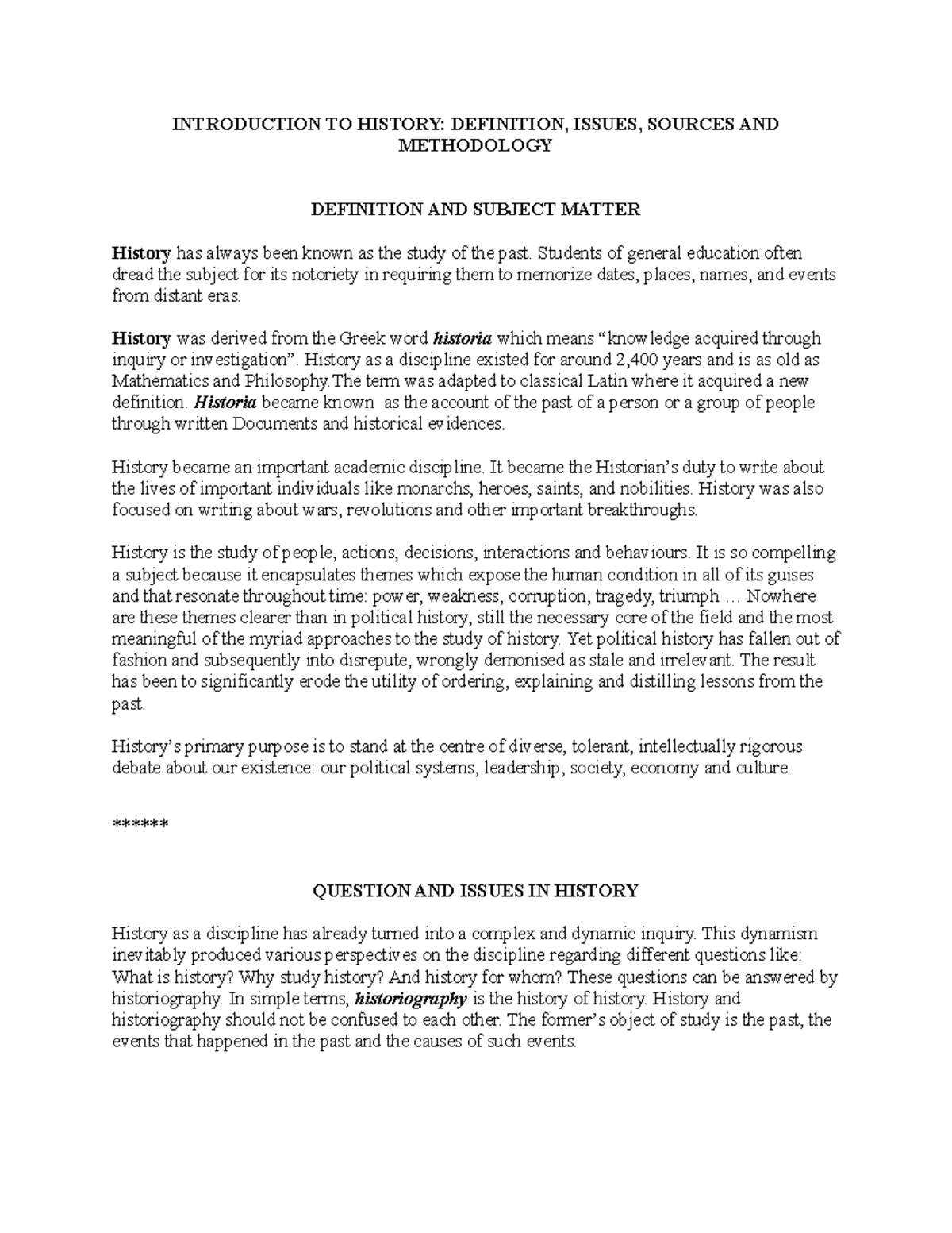 Readings in Phil. History - INTRODUCTION TO HISTORY: DEFINITION, ISSUES ...