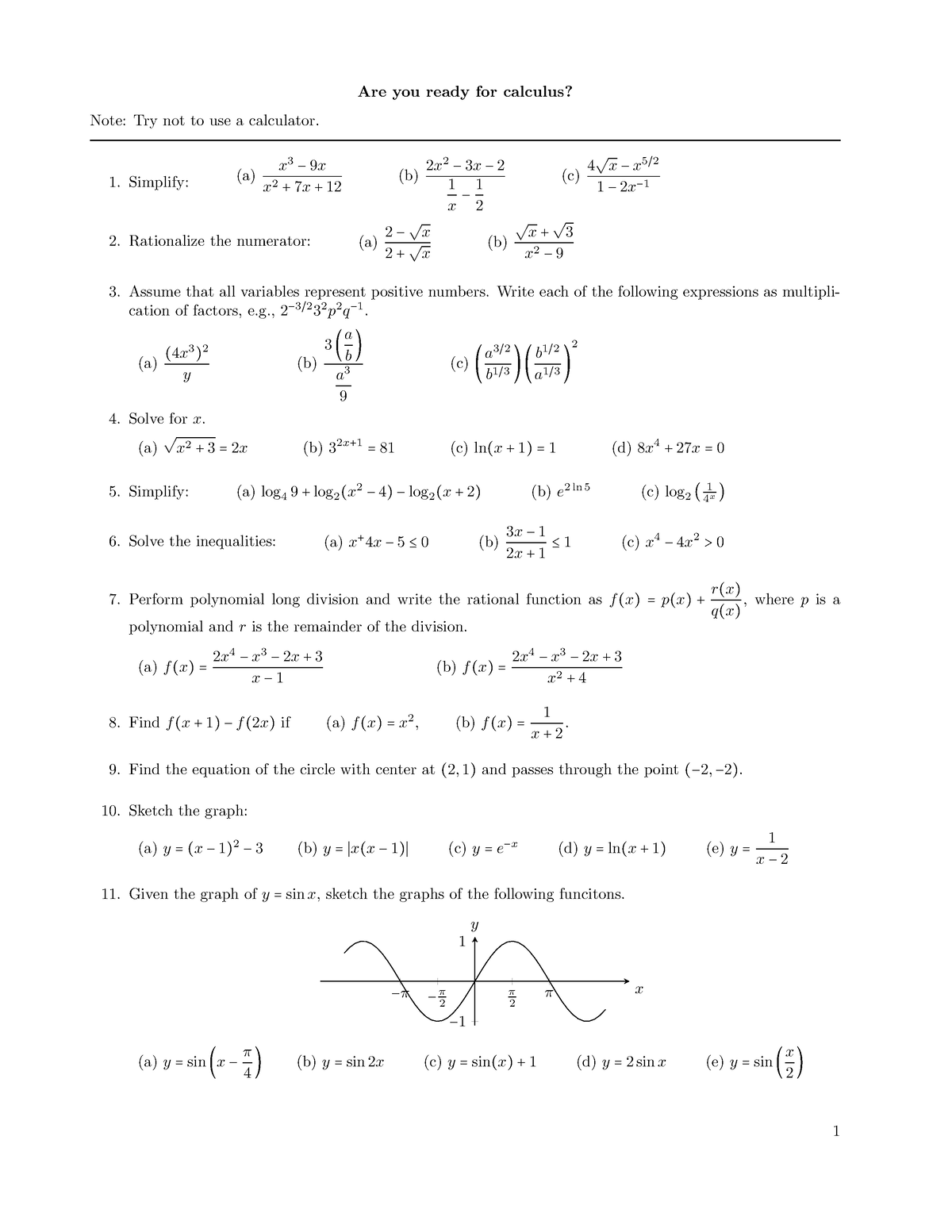 Are you ready for calculus - Are you ready for calculus? Note: Try not ...