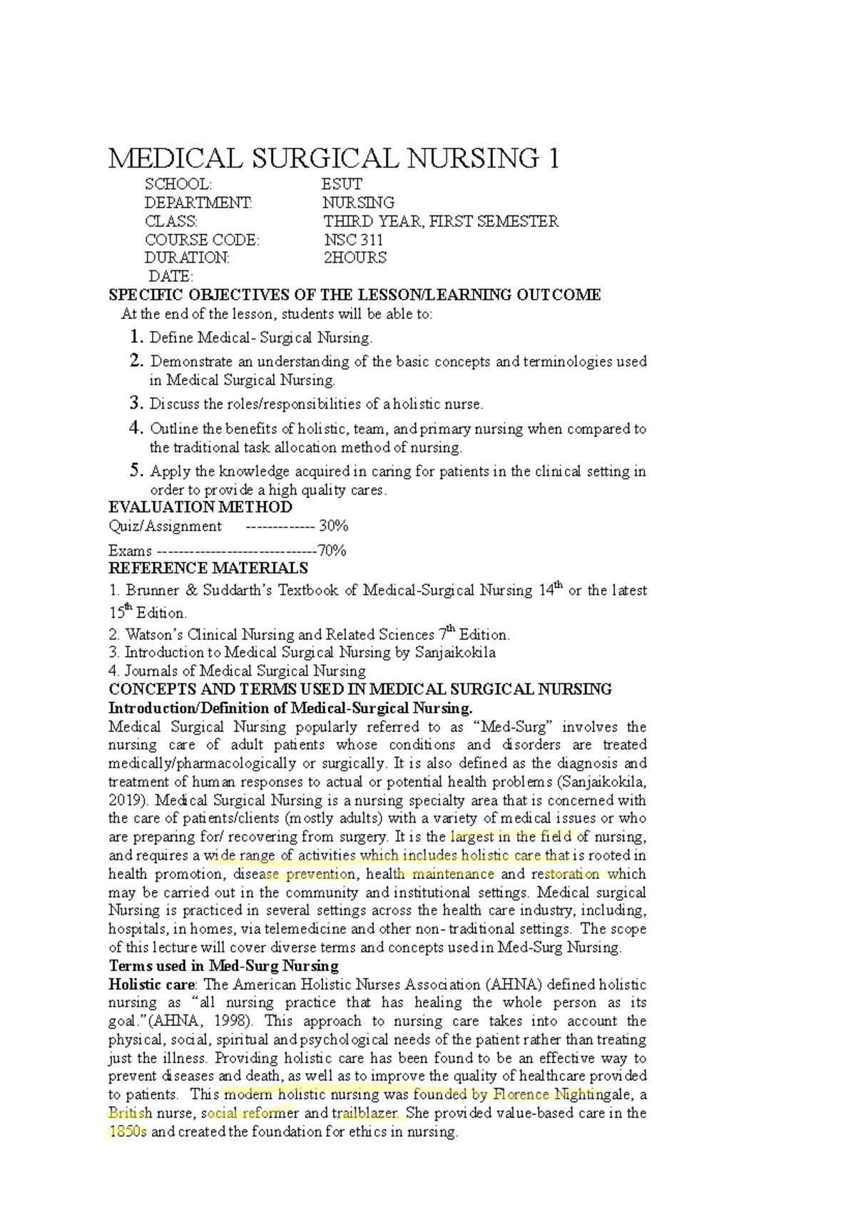 Med surg lecture note - MEDICAL SURGICAL NURSING 1 SCHOOL: ESUT ...