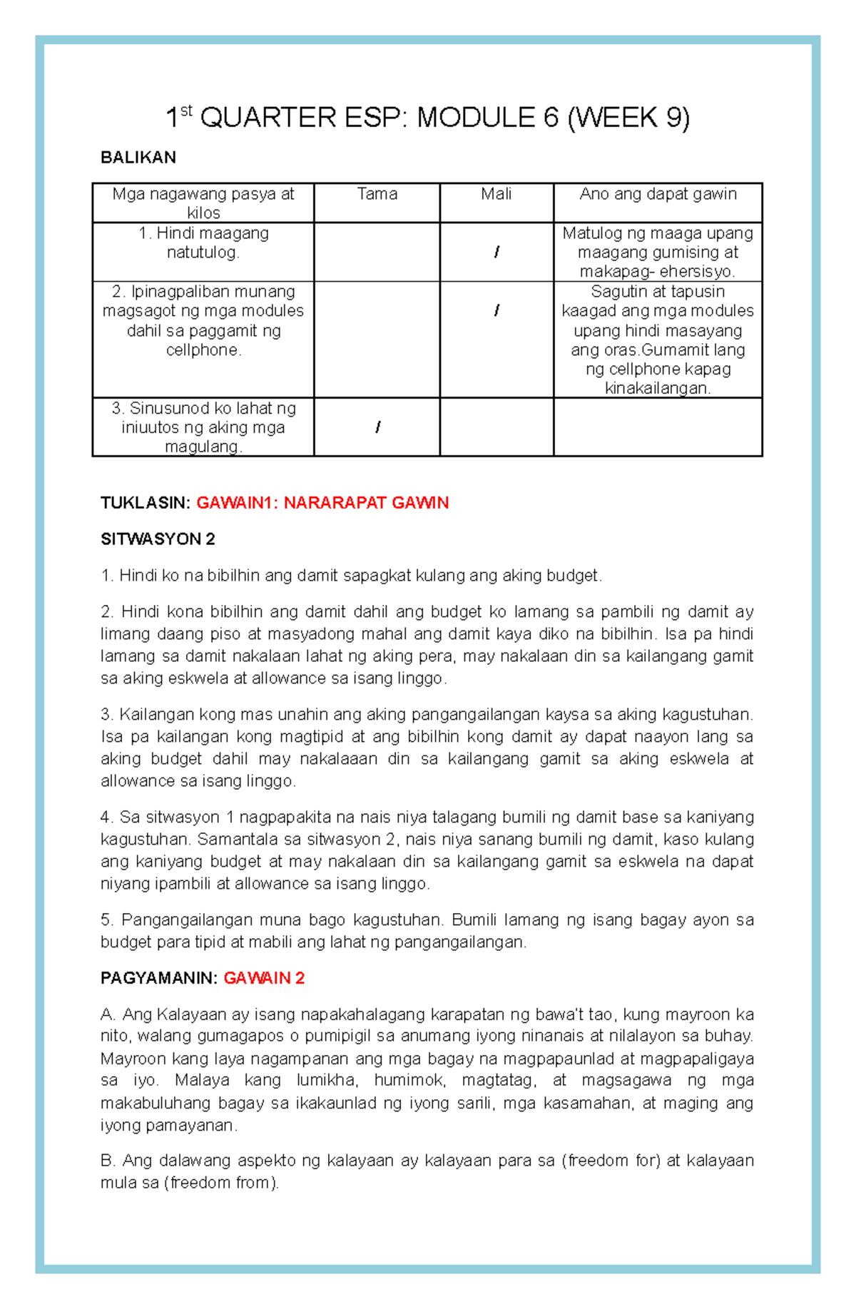 1st QUARTER ESP: MODULE 6 (WEEK 9) GRADE 10 ANSWERS - 1st QUARTER ESP ...
