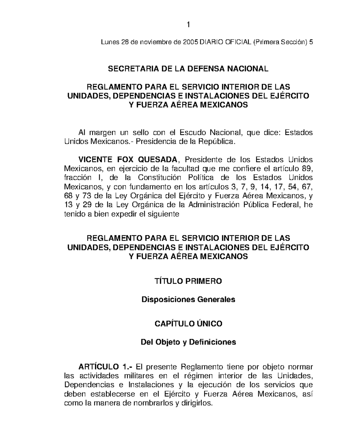 Reglamento PARA EL Servicio Interior DE LAS Unidades Dependencias E Instalaciones DEL Ejercito Y