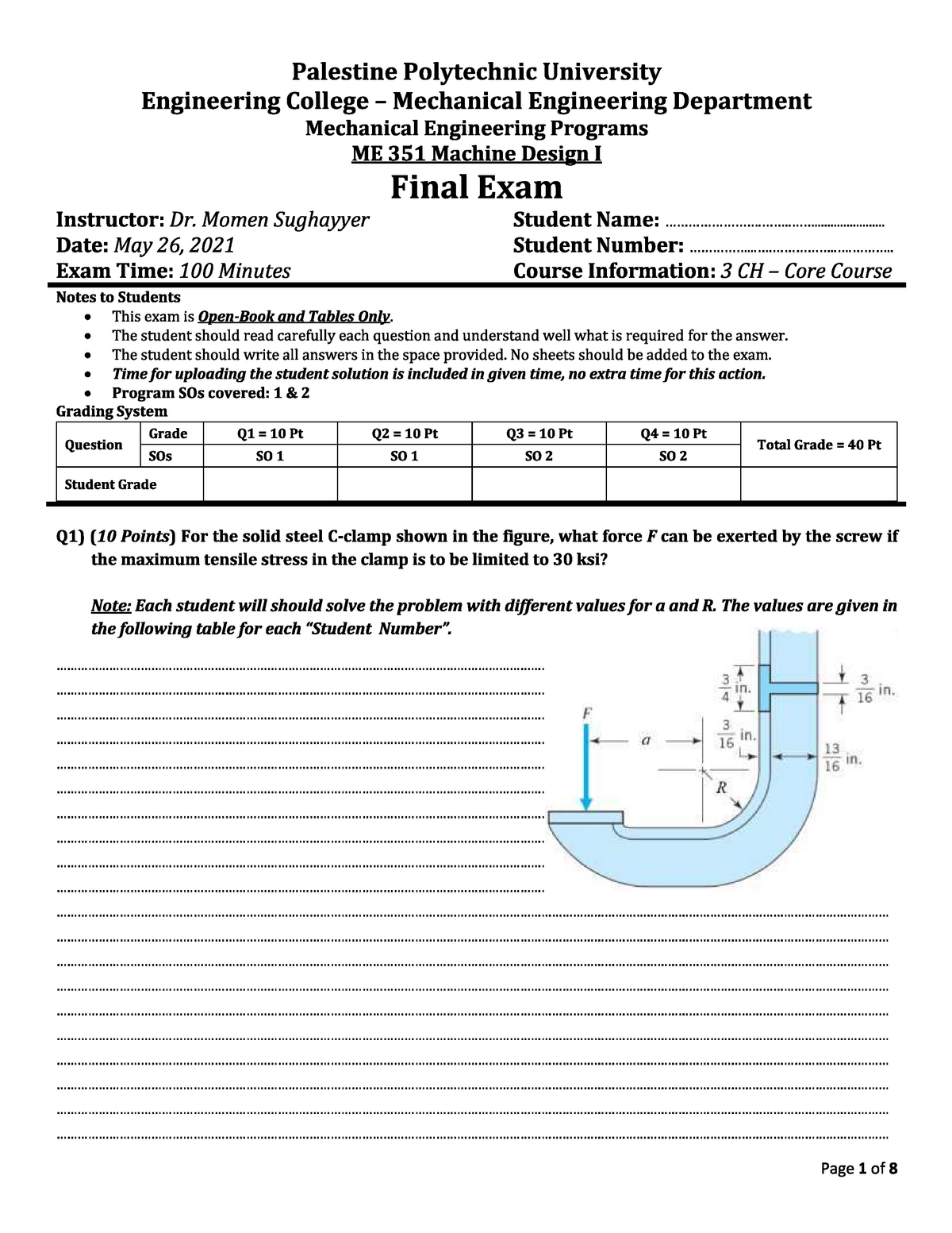 Final EXAM Of Mechanical Engineering Design - Grade: B - Civil ...