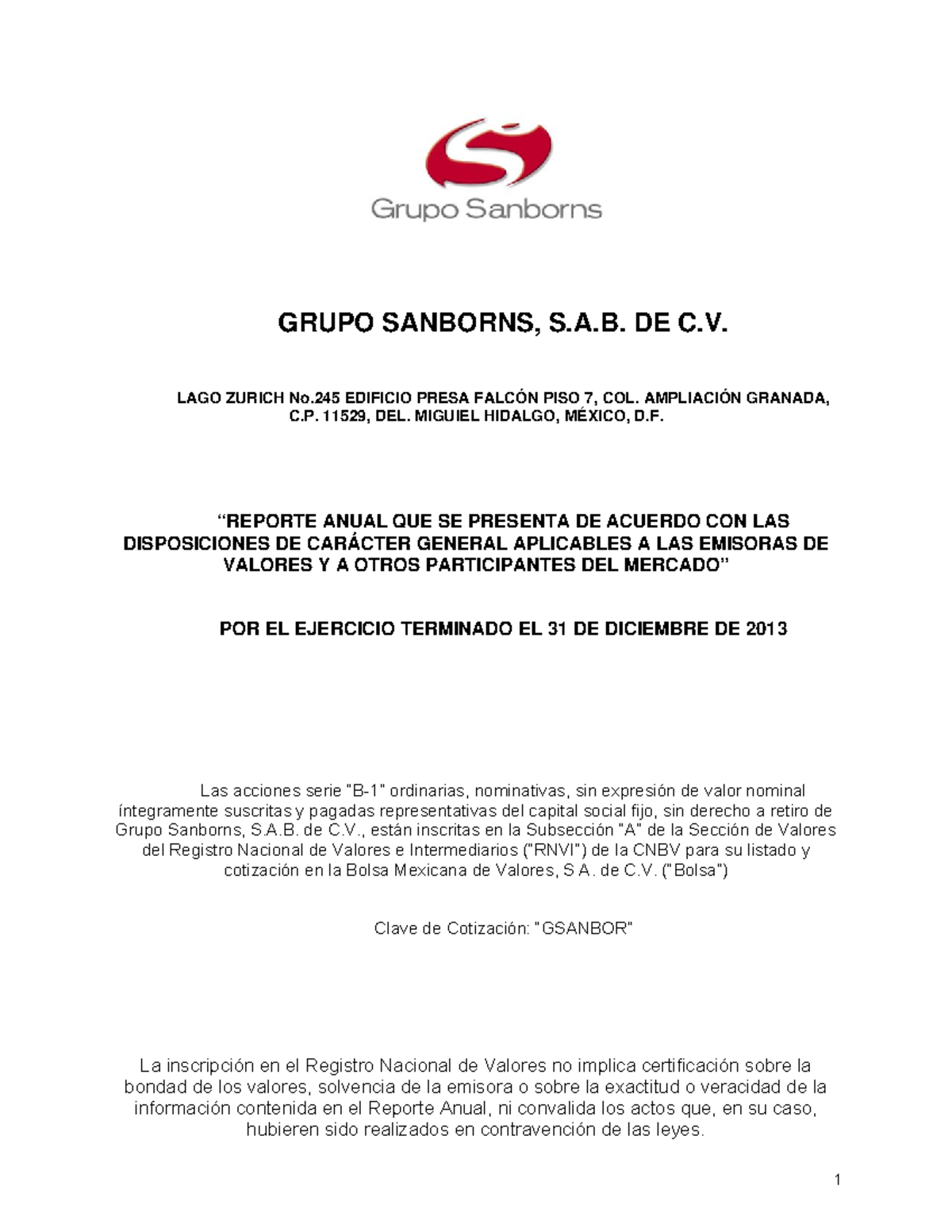439 BVM sobre Sanborns GRUPO SANBORNS, S.A. DE C. LAGO ZURICH No