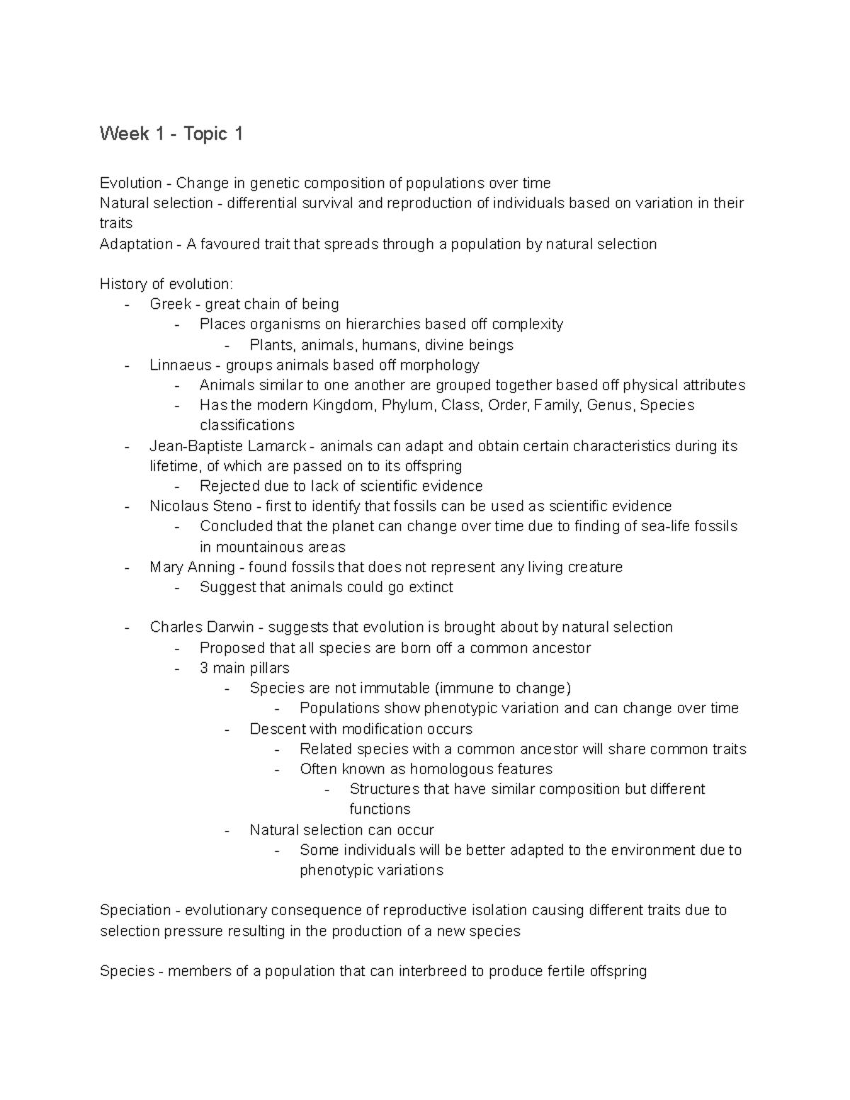 Notes for week 1, 2, 3 - Week 1 - Topic 1 Evolution - Change in genetic ...