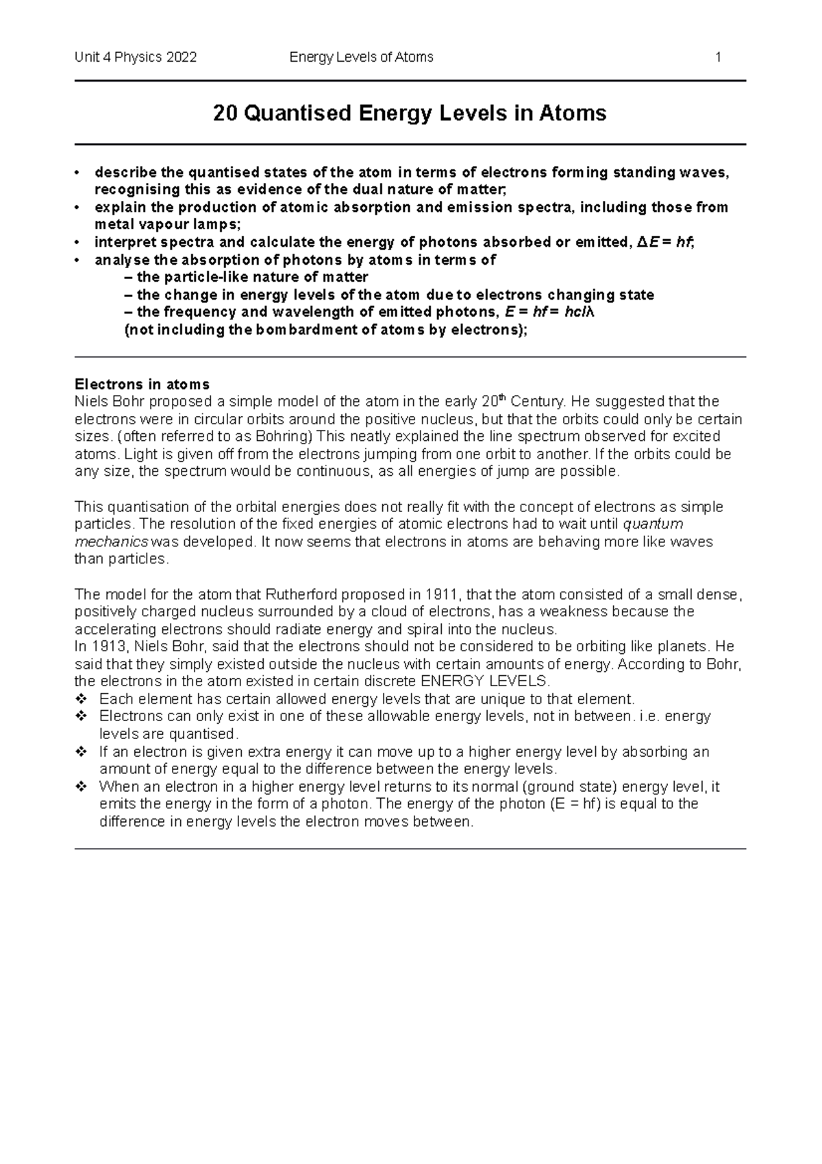 20 Energy levels of atoms notes 2022 - 20 Quantised Energy Levels in ...