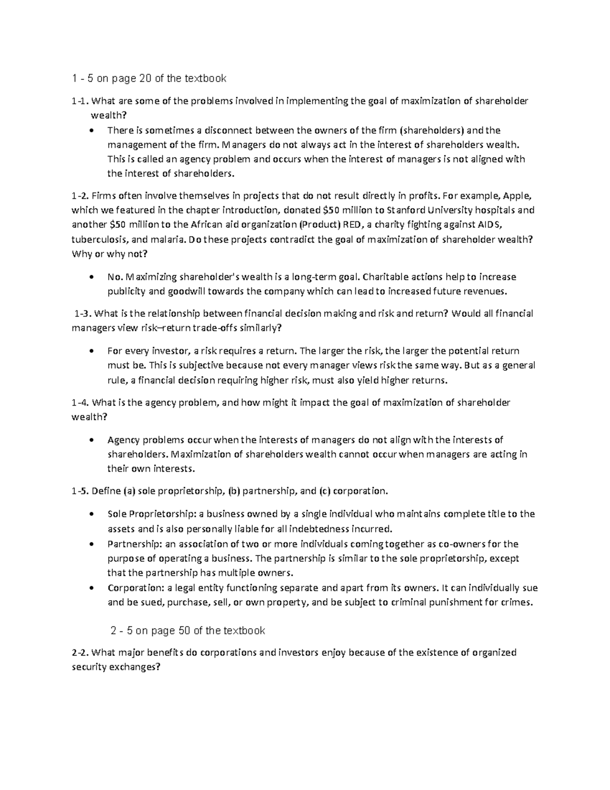 FIN 215 Assigment 1 - Book Question - 1 - 5 on page 20 of the textbook ...
