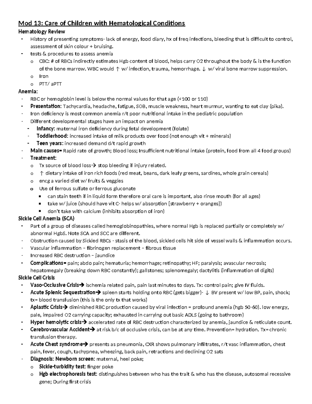 Master notes- exam - Modules 13-19 - Mod 13: Care of Children with ...