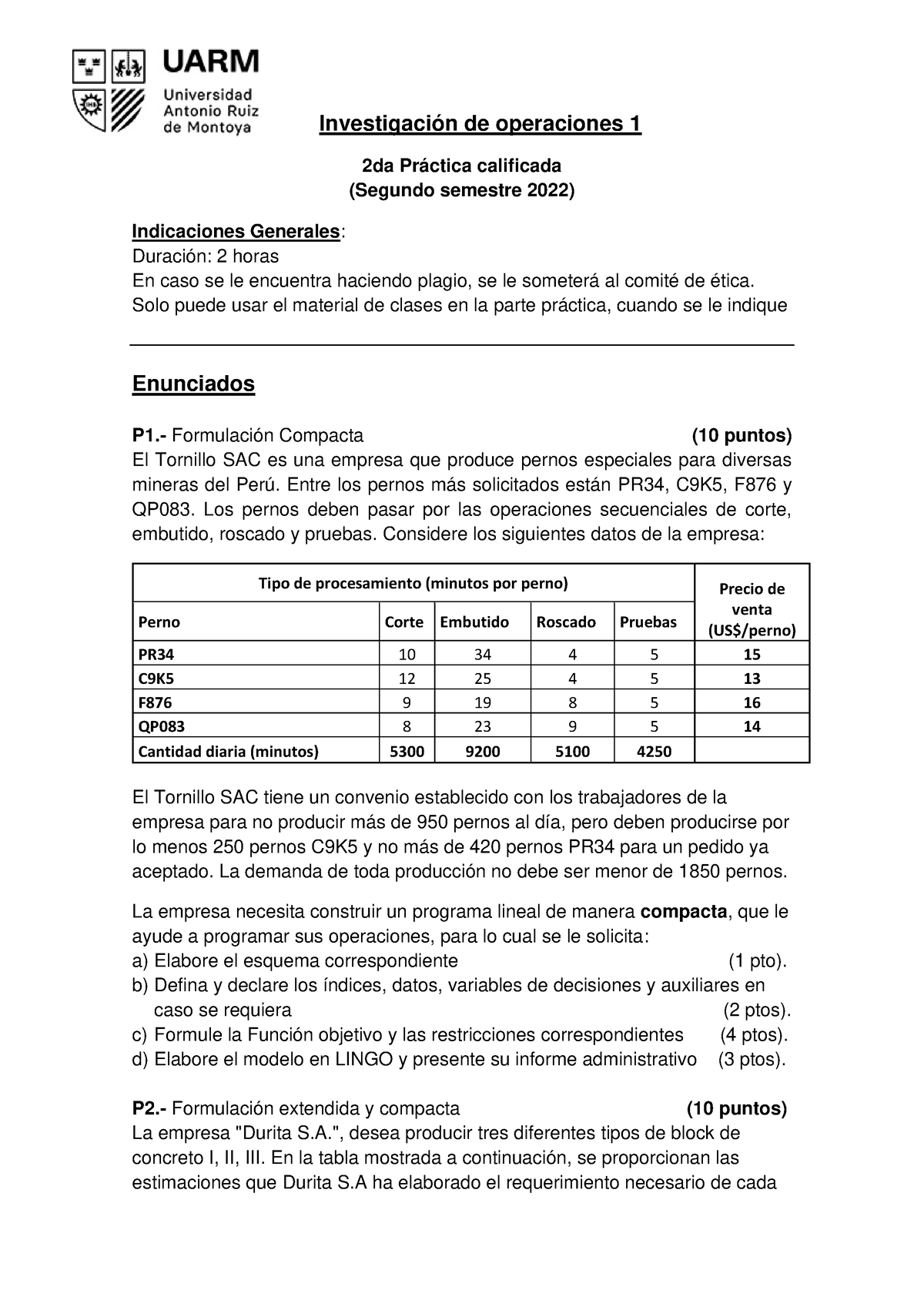 IOP1 2022-2 2da Practica - Prof. Reyes - Investigación De Operaciones 1 ...