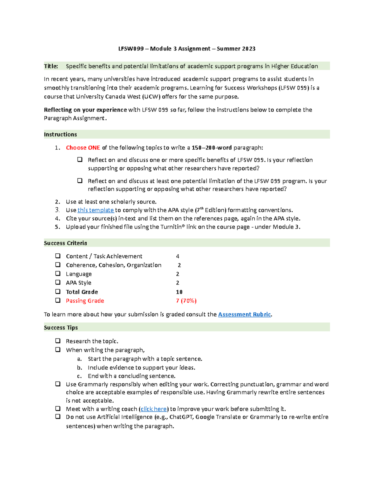 Paragraph Assignment Instructions - Summer 2023 - LFSW099 – Module 3 ...