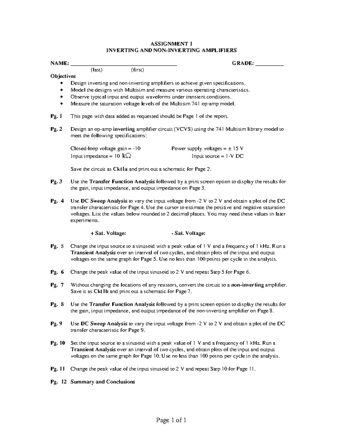 Lab1 - Lecture notes 1 - ASSIGNMENT 1 INVERTING AND AMPLIFIERS NAME ...